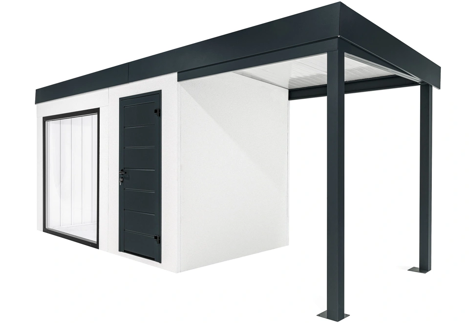 GARDEON® Zahradní domek s panoramatickým oknem, dveřmi Hörmann a přístřeškem