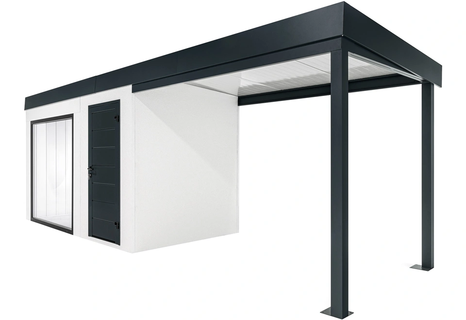 GARDEON® Zahradní domek s panoramatickým oknem, dveřmi Hörmann a přístřeškem