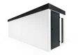Zahradní domek 1,9 x 6,5 m se světlíkem, zateplenými dveřmi, bílou omítkou, antracitovými doplňky a zateplenou střechou.