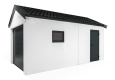 Profil garáže 3 x 5,5 m se zateplenou sedlovou střechou, bílou omítkou, vraty, dveřmi a oknem.